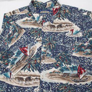 Reyn Spooner Shirt Mens Large Island Palm Hawaiian sailboat Short Sleeve Cotton